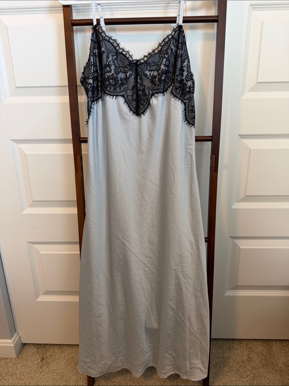 Lace-Trim Satin Slip Dress - Black Lace on Light Blue